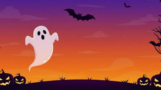 A cute, animated ghost character flying in the air with a bat