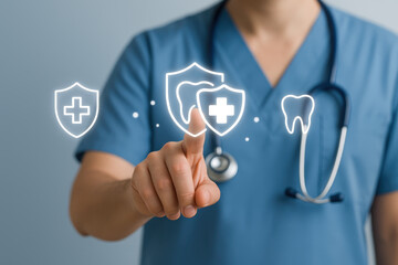 Dental plan dental insurance oral health concept with doctor in blue uniform pointing at tooth icon on virtual screen for medical protection and care