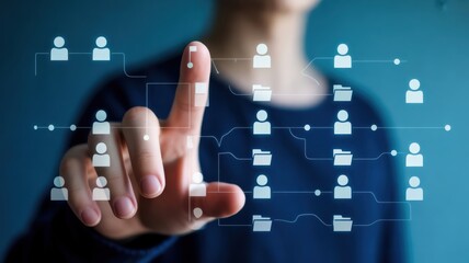 Person interacting with a digital network of people and data icons