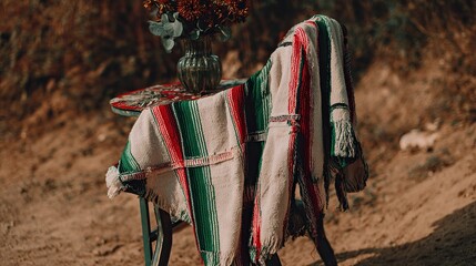 Obraz premium Close-up of a poncho with white, red and green stripes hanging on a chair in front of a vase, set outdoors with dirt in the background, showcasing vibrant colors and texture.