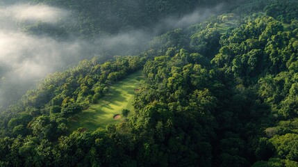 Aerial View of Golf Course in Tropical Rainforest with Fog