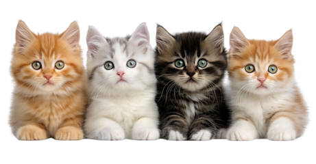 cute kittens of different colors and hair lengths, sitting in a line on a white background, PNG photo cutout.
