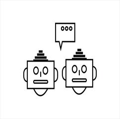 A vector icon featuring two minimalist robot heads engaged in a digital conversation, represented by a speech bubble with ellipses. Ideal for AI, chatbot, and tech communication concepts.