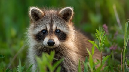 Obraz premium Sweet raccoon-like mammal explores a lush green habitat during daylight in a serene outdoor setting