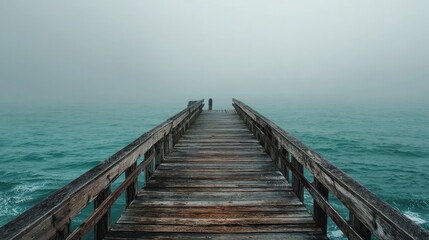 Fototapeta premium Foggy Wooden Pier Extends to Ocean Horizon