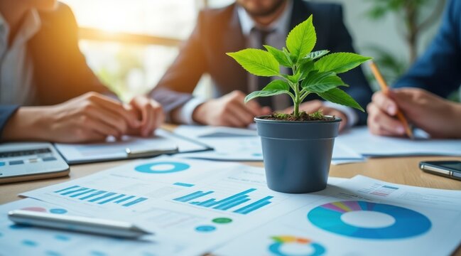 Business growth and sustainability meeting with a plant on financial reports
