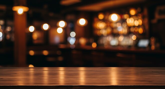 Empty Brown Wooden Table in Bar with Blurred Warm Lighting - Powered by Adobe