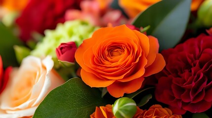 Vibrant orange and deep red roses in full bloom create romantic floral composition with soft focus background and lush green foliage, suitable for wedding decor.