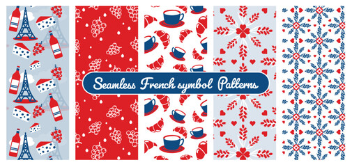 French seamless symbol patterns for vacation fibes, from coffee with a croissant in Paris to the south of France with lavender fields, vineyards