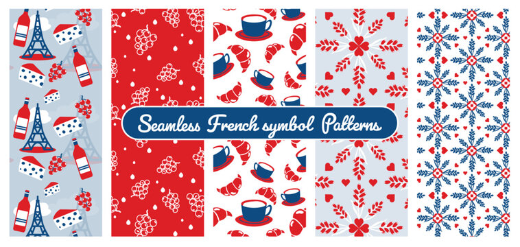 French seamless symbol patterns for vacation fibes, from coffee with a croissant in Paris to the south of France with lavender fields, vineyards