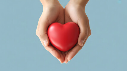 Obraz premium A pair of hands gently holding a red heart against a light blue background, symbolizing love, care, and health.