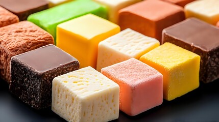 Colorful assorted Turkish delight cubes arranged in diagonal rows on dark background, traditional Middle Eastern confectionery with various flavors and textures.