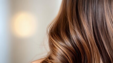 Soft waves of caramel brown hair with subtle honey highlights styled in loose curls against blurred background, showcasing modern hairstyling technique and natural color.