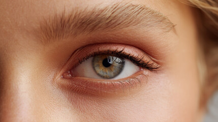 Obraz premium Close up of woman eye with bleached blonde eyebrow and natural skin texture showing soft eyelashes and light makeup