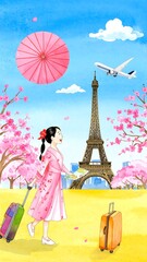 Girl with luggage in a spring park