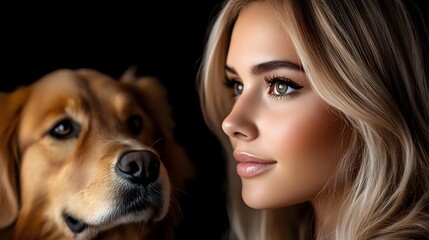 Young blonde woman with glamorous makeup and brown dog in profile view against dark background, dramatic lighting highlights facial features and creates emotional bond.