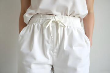 Person Wearing White Casual Pants with Drawstring Waist