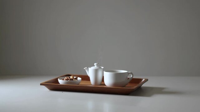 A Minimalist Tea Tray Set with Steaming Tea and Nuts on a Wooden Tray Against a Simple Gray Background, Evoking a Sense of Calm and Tranquility