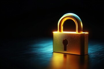 Fototapeta premium A glowing golden padlock sits on a reflective surface, illuminated by blue and orange light in a dark setting, symbolizing security and protection.
