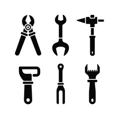 Collection of six black silhouette icons representing various hand tools