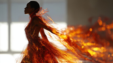 A versatile stock image showing graceful salsa dancer setting the stage ablaze: long-haired model in vibrant flamingo gown, surrounded by mesmerizing fire performances and captivating costume
(168.
