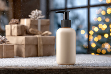 Realistic body lotion pump bottle stands elegantly snowy surface, surrounded by beautifully wrapped gifts and softly glowing background of festive lights. scene evokes warm, cozy holiday