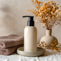 Stylish lotion pump bottle stands elegantly on textured plate, surrounded by soft towels and decorative vase filled with dried flowers, creating serene and inviting atmosphere