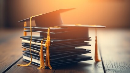A neat stack of graduation caps on a wooden surface, radiating a sense of achievement and celebration.