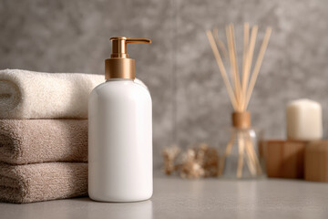 Sleek lotion pump bottle stands elegantly beside neatly stacked towels, creating serene spa like atmosphere. soft colors and textures evoke sense of relaxation and comfort