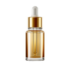Elegant golden serum bottle with a white dropper, centered on a transparent background