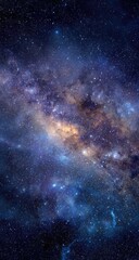 A breathtaking cosmic vista showcasing a vibrant nebula, swirling with hues of deep blue, purple, and warm yellow, speckled with countless stars