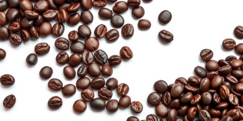 Dark, oily espresso beans close-up, vibrant and rich against a stark white background,  macro,  white background