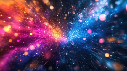 Obraz premium A vibrant abstract light display with dynamic bursts of pink, blue, and orange particles creating a sense of motion and depth.