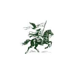 Obraz premium Engraving style logo illustration of a heroic female warrior riding a galloping horse, holding a flag, with an eagle soaring beside her
