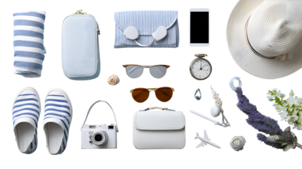 Summer vacation essentials laid out flat isolated on transparent background