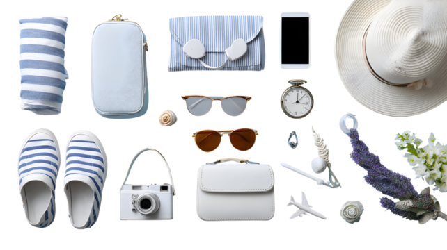 Summer vacation essentials laid out flat isolated on transparent background