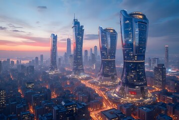 Fototapeta premium Futuristic cityscape with modern skyscrapers at dusk with city lights