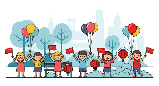 chinese children holding flags balloons vector illustration happy celebration park scene flat design