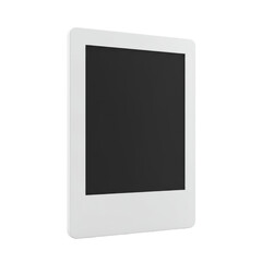 An empty, large polaroid-style photo booth frame with clean lines, smooth white material, isolated on a transparent studio background with flat lighting and high contrast, product photography concept