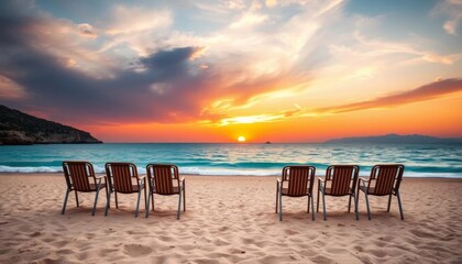 Fototapeta premium Empty chairs face serene Adriatic sunrise, empty beach, Italy, clouds, horizon