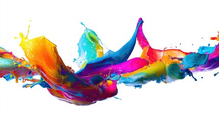 Colorful paint splashes on a white background create a vibrant and dynamic composition, showcasing bold hues and energetic patterns that stand out vividly against the plain backdrop.