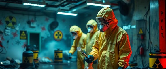 Fototapeta premium Figures in hazmat suits disinfecting a polluted, radioactive environment, waste, toxic waste
