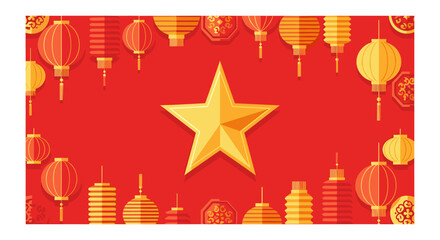 Chinese New Year Lanterns Vector Illustration, Festive Red Background, Flat Design, Holiday Concept