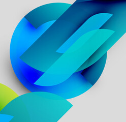 Abstract shapes overlap, creating vibrant blue gradients. Minimalist design with subtle green accent. Smooth transitions, modern aesthetic.