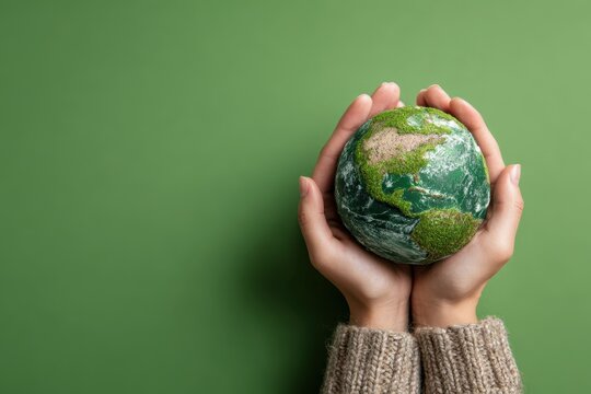 Many hands person holding the earth on a green background to protect nature Save and care World for sustainable. concept of the environment ecology and Earth Day