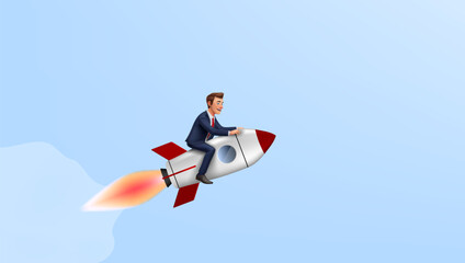Businessman Startup Flying On A Rocket In Blue Sky
