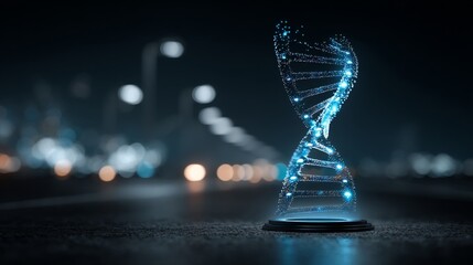 A holographic scientific visualization displays intricate reflective patterns and two-dimensional data formats,