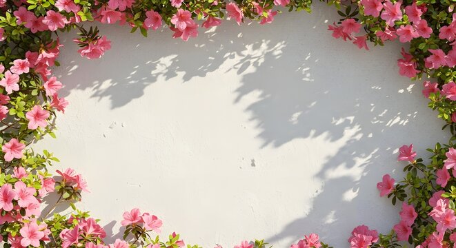 Flores rosadas en cascada sobre una pared blanca texturizada