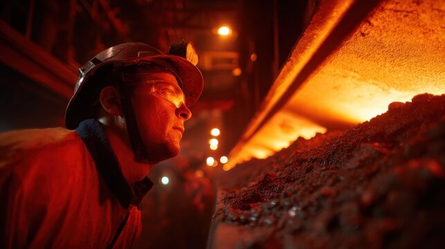 Focused medium shot capturing pit crew member monitoring clinker flow at cement kiln discharge port