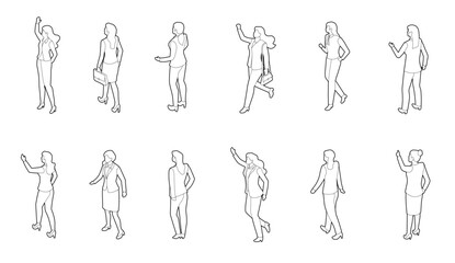 perspective of women in formal business attire in cad lines vector illustration